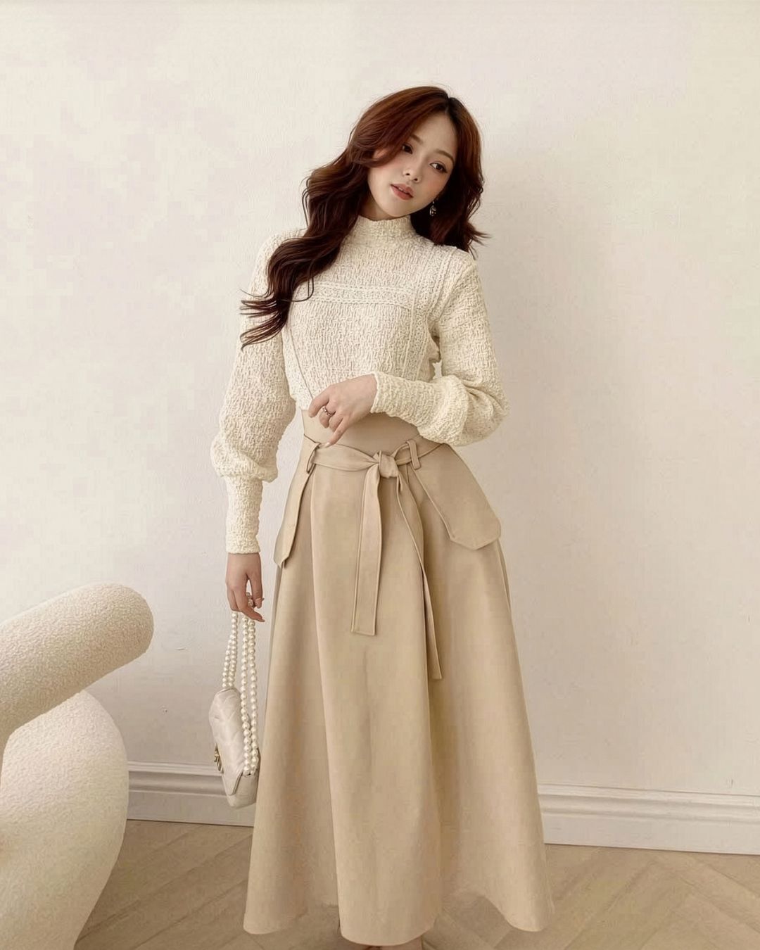 Chân váy dài thiết kế sang trọng Khaki Skirt chun mịn dầy dặn HIU design