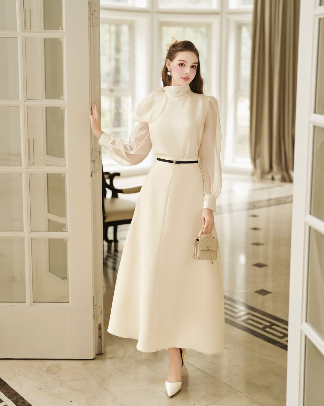 Chân váy dáng dài Midi thiết kế đai nơ eo Uni skirt chất liệu text hàn HIU design
