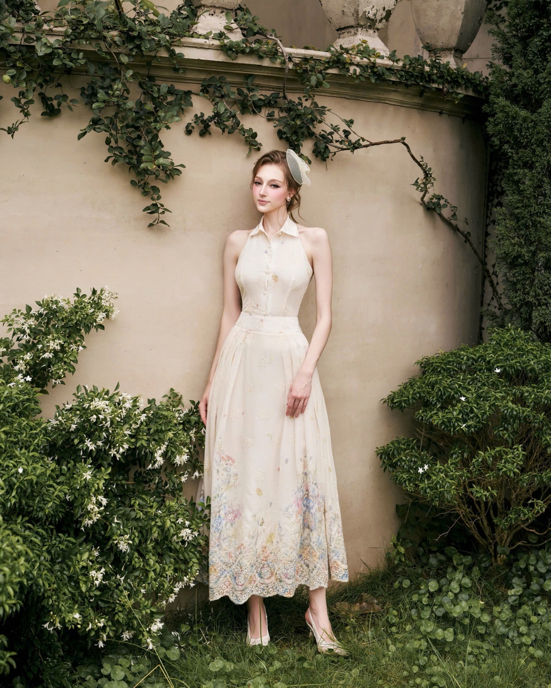Set áo sơ mi kèm chân váy midi dáng dài xếp ly hoa thêu Junie dress HIU design