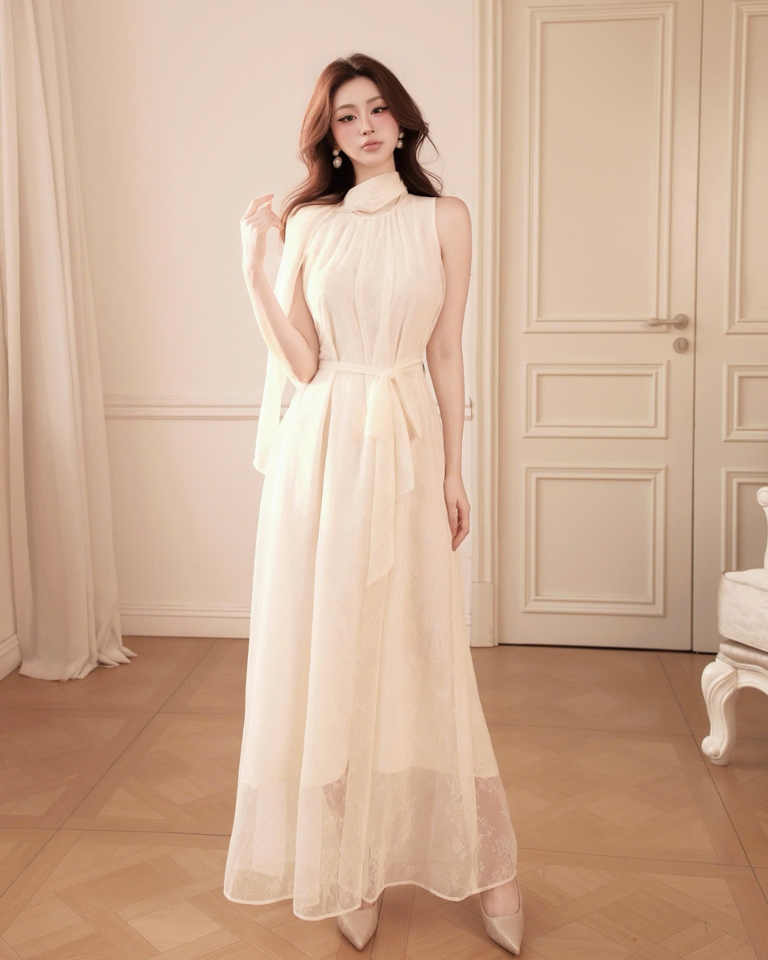 Váy nữ thiết kế Angel dress Voan vân hoa hàn cao cấp dáng dài midi HIU design