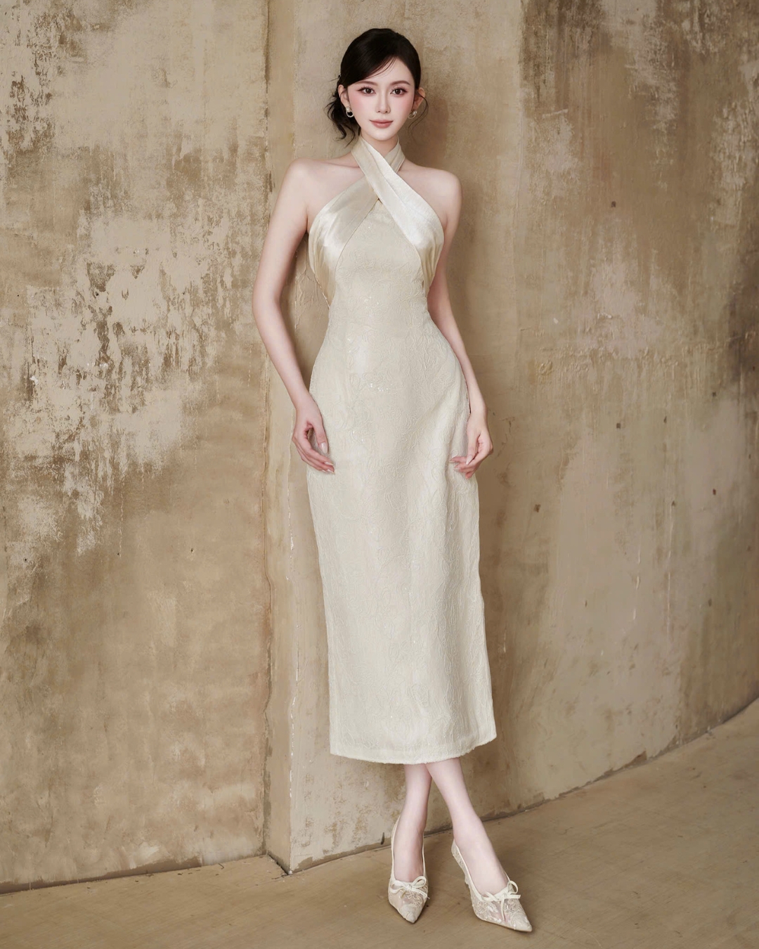 Váy nữ thiết kế Cup ngực ren phối lụa midi Ren vân hàn 3D Celin Dress HIU design