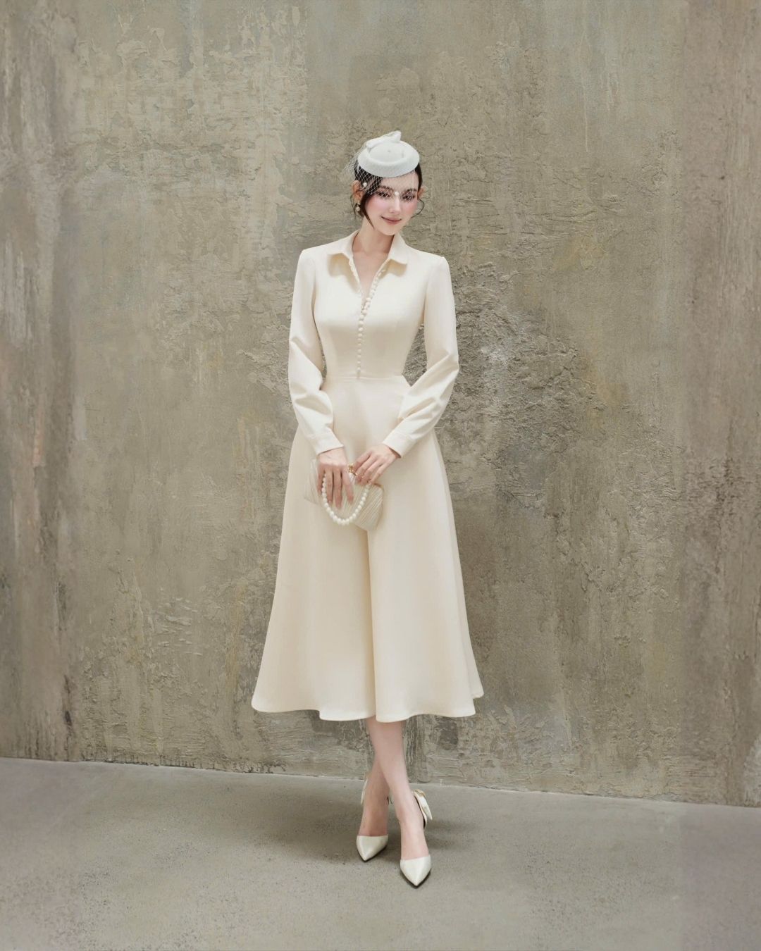 Váy nữ thiết kế cổ sen Lili dress Lụa tafta hàn đính khuy giả HIU design