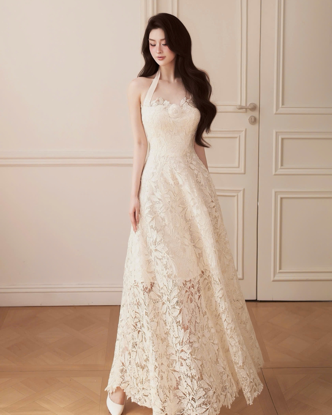 Váy nữ thiết kế cup ngực Evas Dress ren vân hoa hàn cao cấp dáng dài HIU design