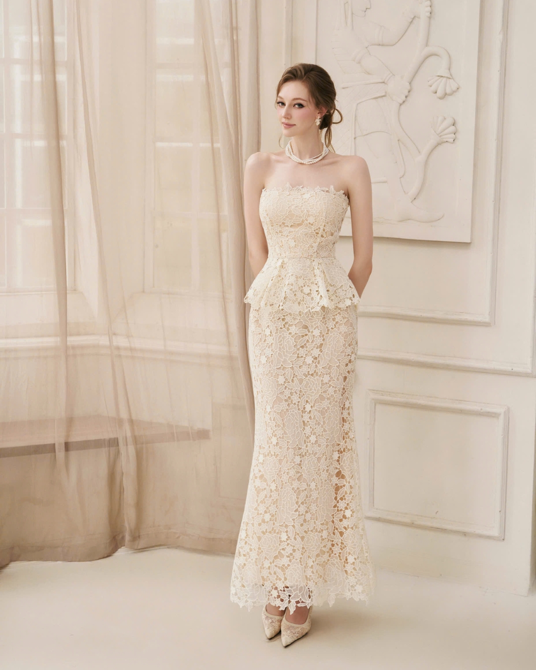 Váy tiệc cup ngực ren dài dáng peplum thiết kế Sene Dress Ren vân hoa 3D cao cấp 2 lớp HIU design