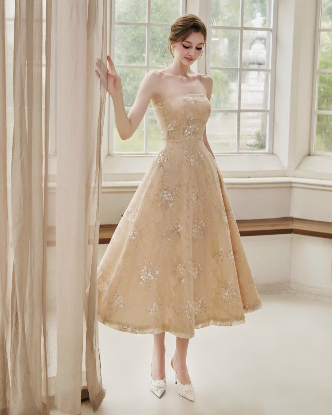 Váy tiệc cup ngực thiết kế Ovia Dress vân hoa đính cườm đá 3D cao cấp 2 lớp HIU design