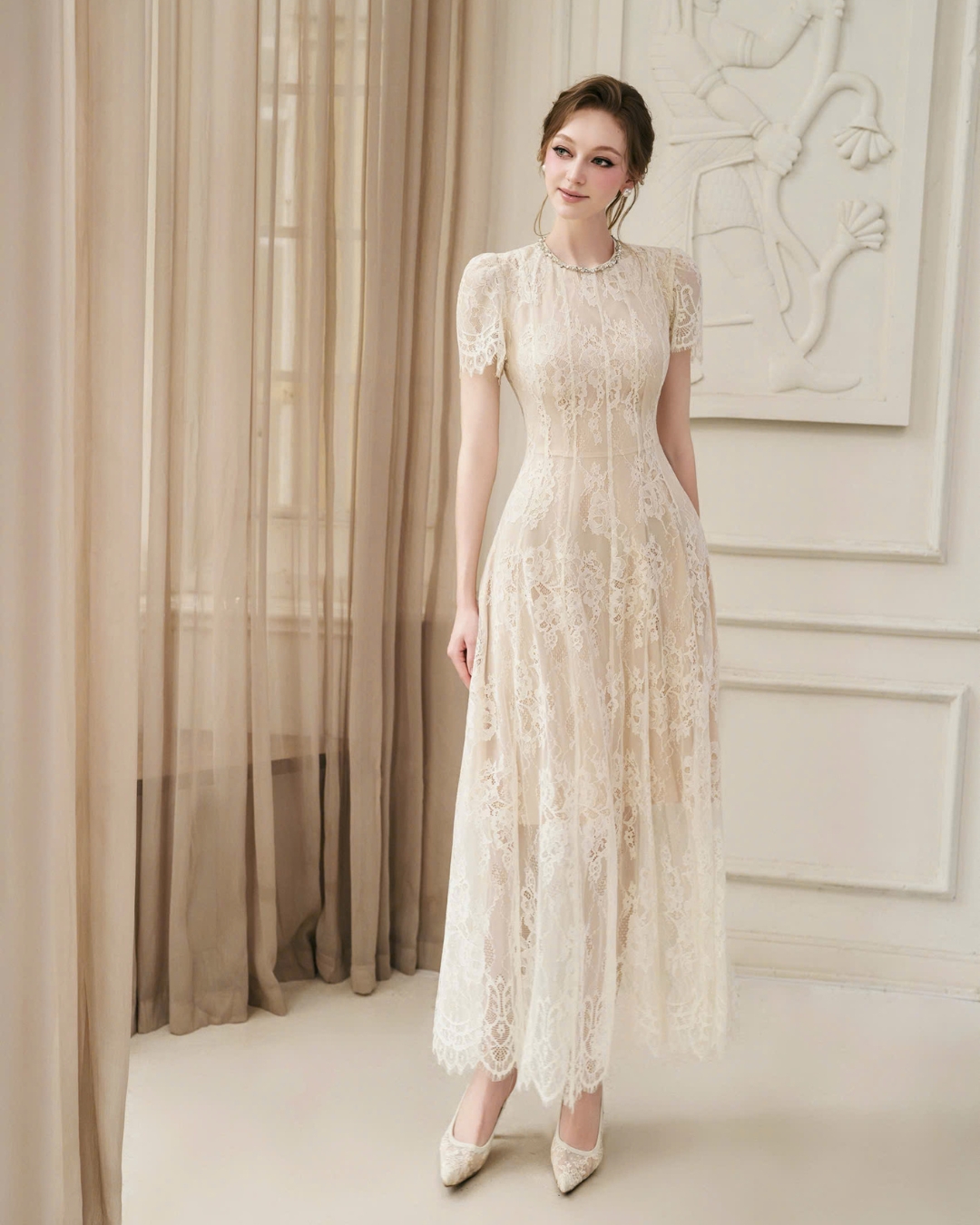 Váy tiệc ren dài cổ viền đá thiết kế Lemis Dress Ren vân hoa 3D cao cấp 2 lớp HIU design