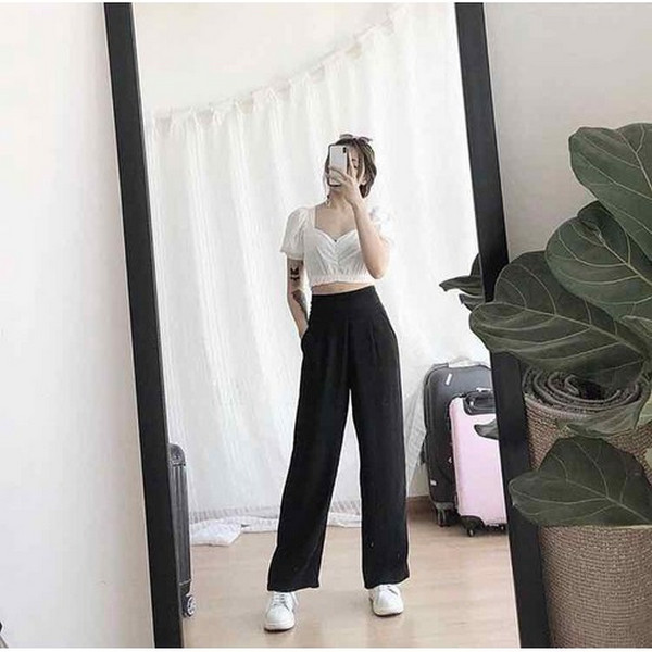 Quần dài lưng cao phối với áo croptop  khoe trọn vòng eo thon gọn
