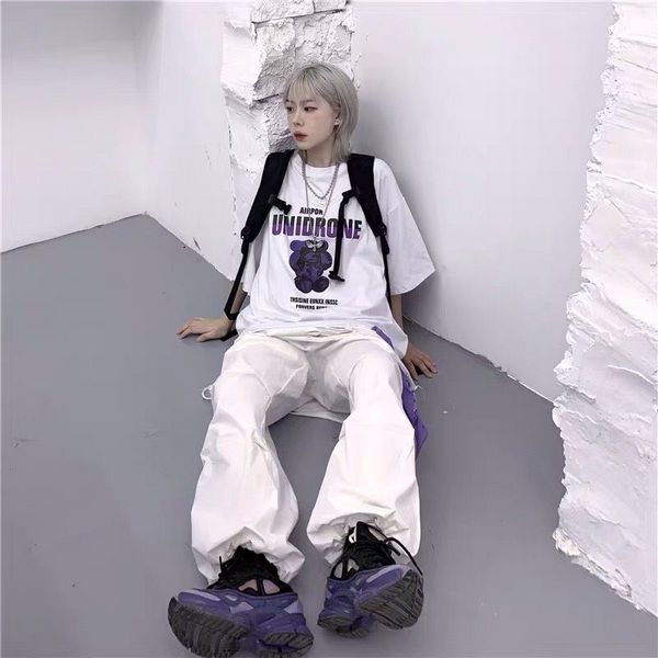 Style hip hop đường phố bên áo phông form rộng oversize uni drone và quần ống rộng