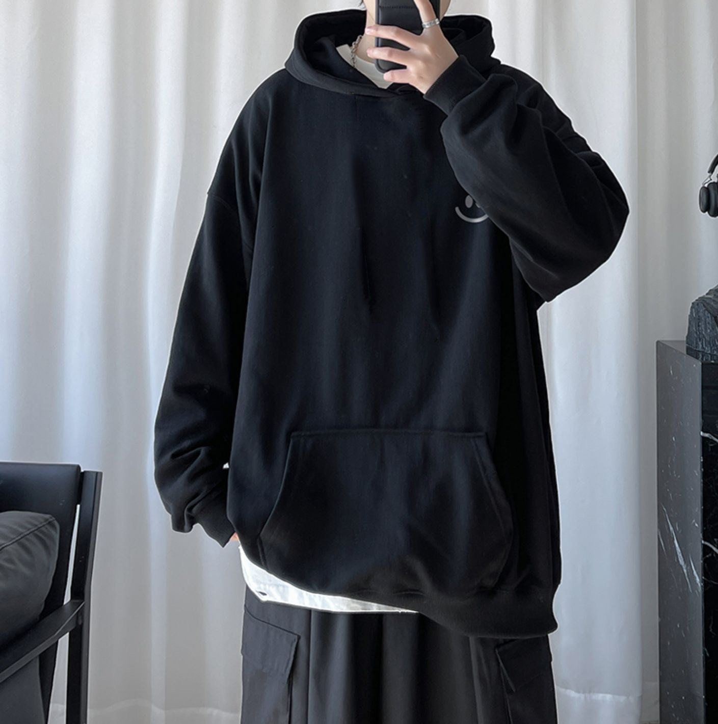 Áo Hoodie Oversize Smile - Đen - L