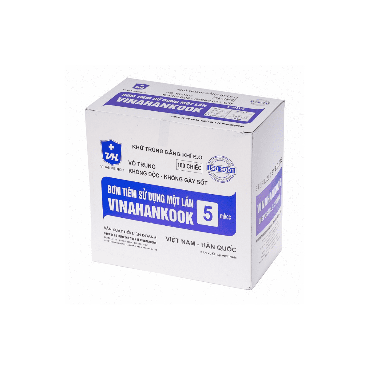 Bơm tiêm dùng 1 lần 5ml, G25 Vinahancook (Hộp=100 chiếc, Thùng=2000 chiếc)