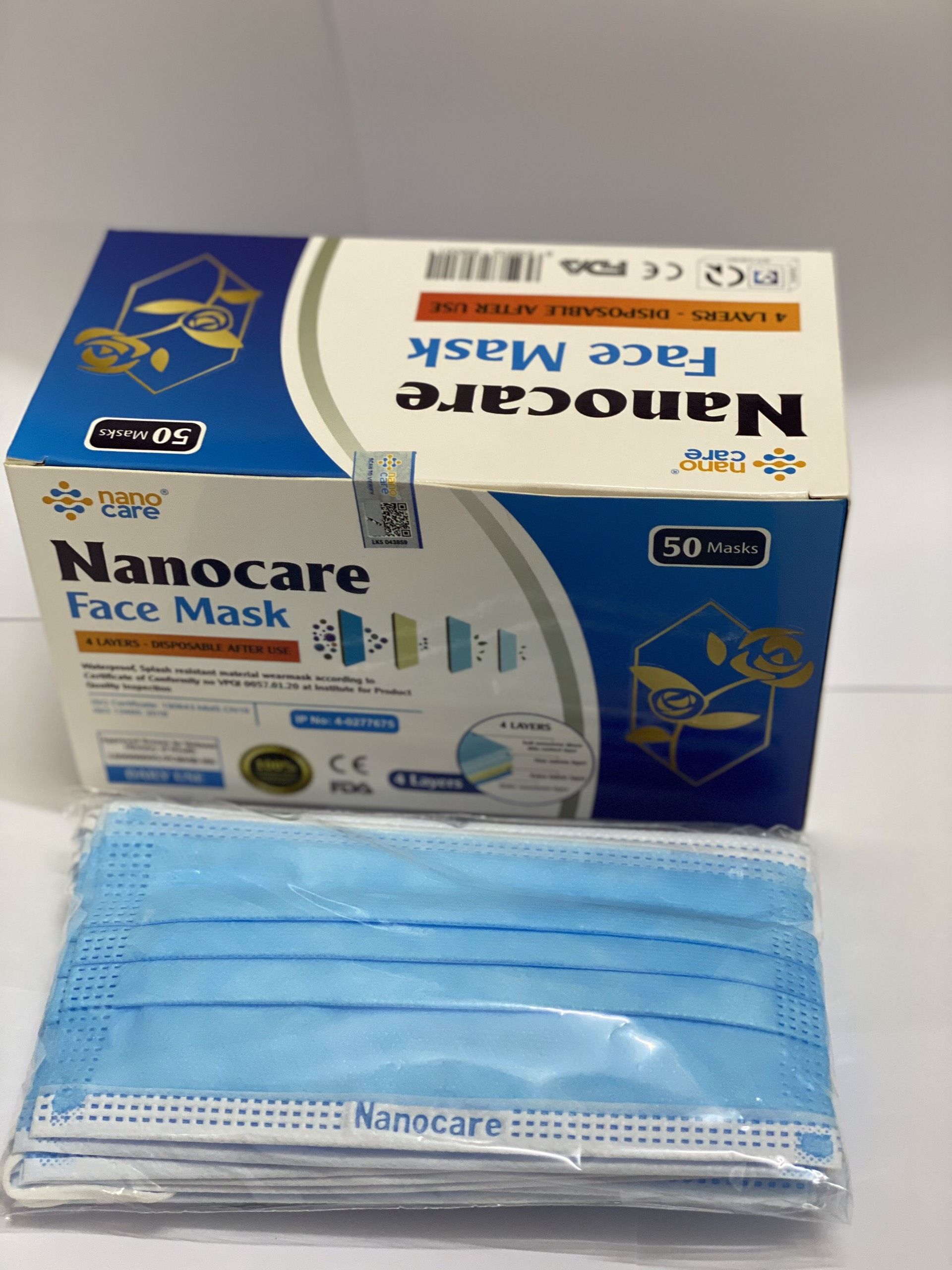 Khẩu trang kháng khuẩn 4 lớp NanoCare, Màu xanh (1Hộp=50 chiếc)