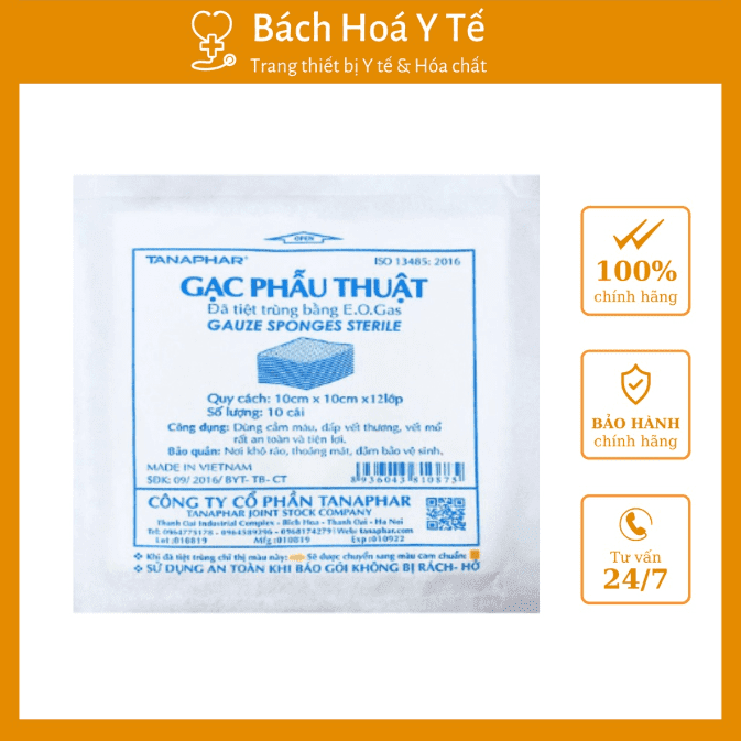 Gạc phẫu thuật tiệt trùng 10x10x12 lớp Tanaphar (1Túi=10 miếng)