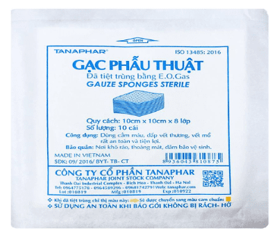 Gạc phẫu thuật tiệt trùng 10x10x8 lớp Tanaphar (1Túi=10 miếng)