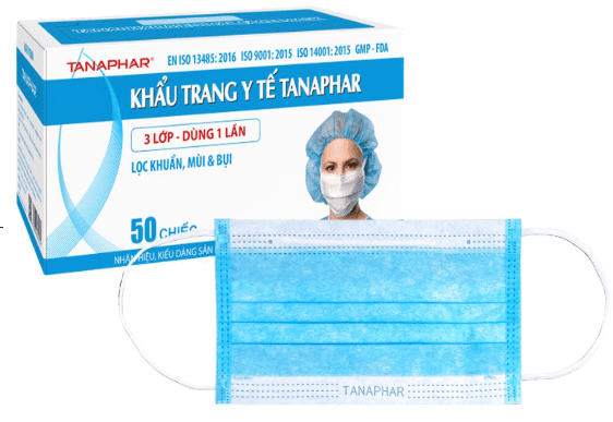 Khẩu trang y tế 3 lớp Tanaphar (Hộp=50 cái, Thùng=2500 cái)