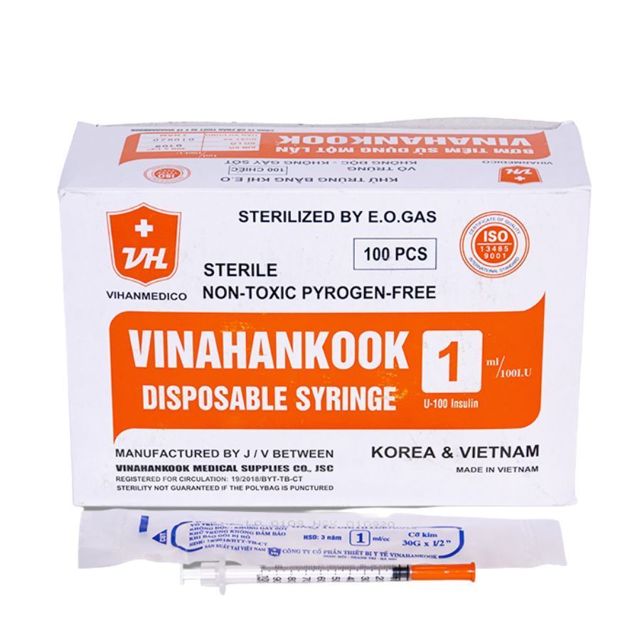 Bơm tiêm tiểu đường Vinahankook 1ml U-100 (Hộp=100 chiếc)