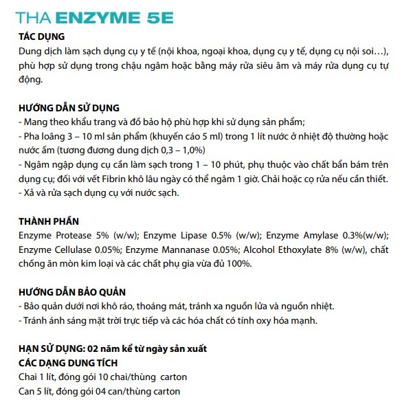 Dung dịch tẩy rửa, làm sạch dụng cụ y tế THA Enzyme 5E, Tân Hương (Can=5 lít, Thùng=20 lít)