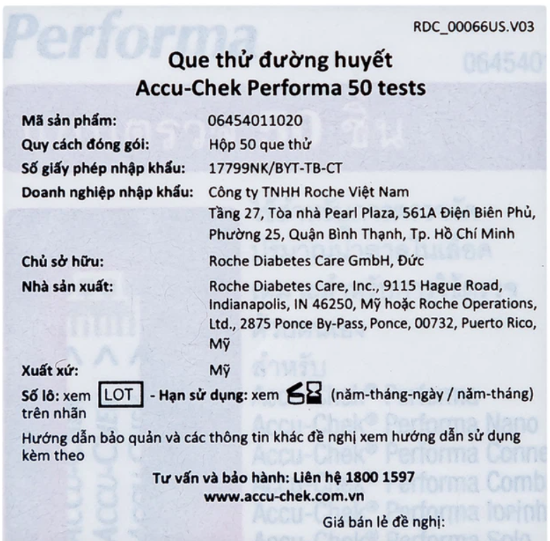 Que thử đường huyết Accu-Chek Performa, Roche , Hoa Kỳ (Hộp = 50 Test)