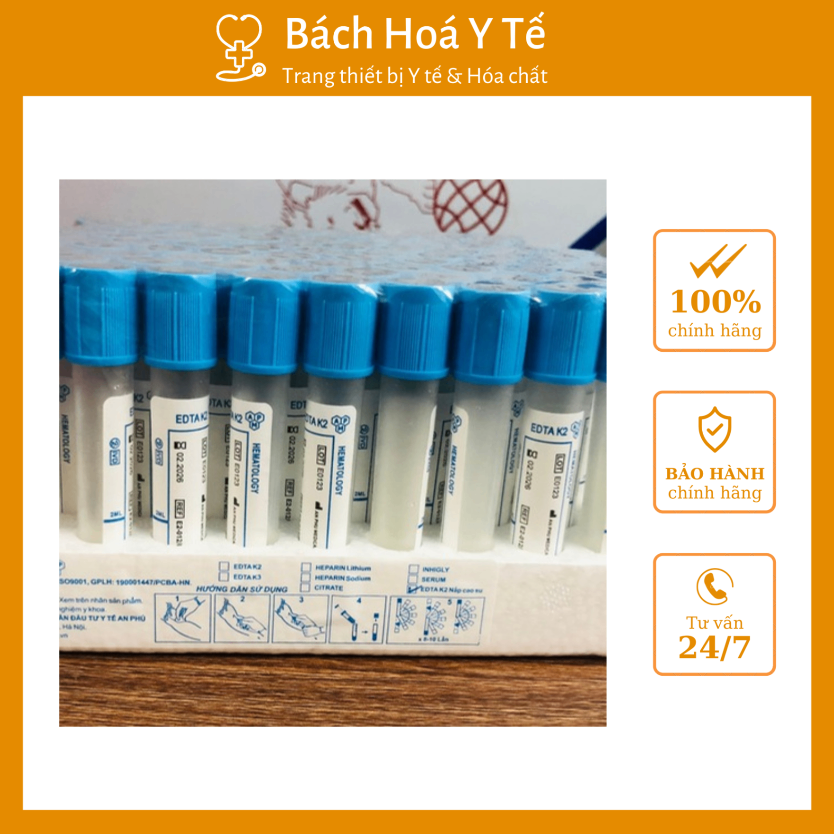 Ống nghiệm EDTA (K2) nắp cao su An Phú (1Hộp=100 ống, Thùng 2400 ống)