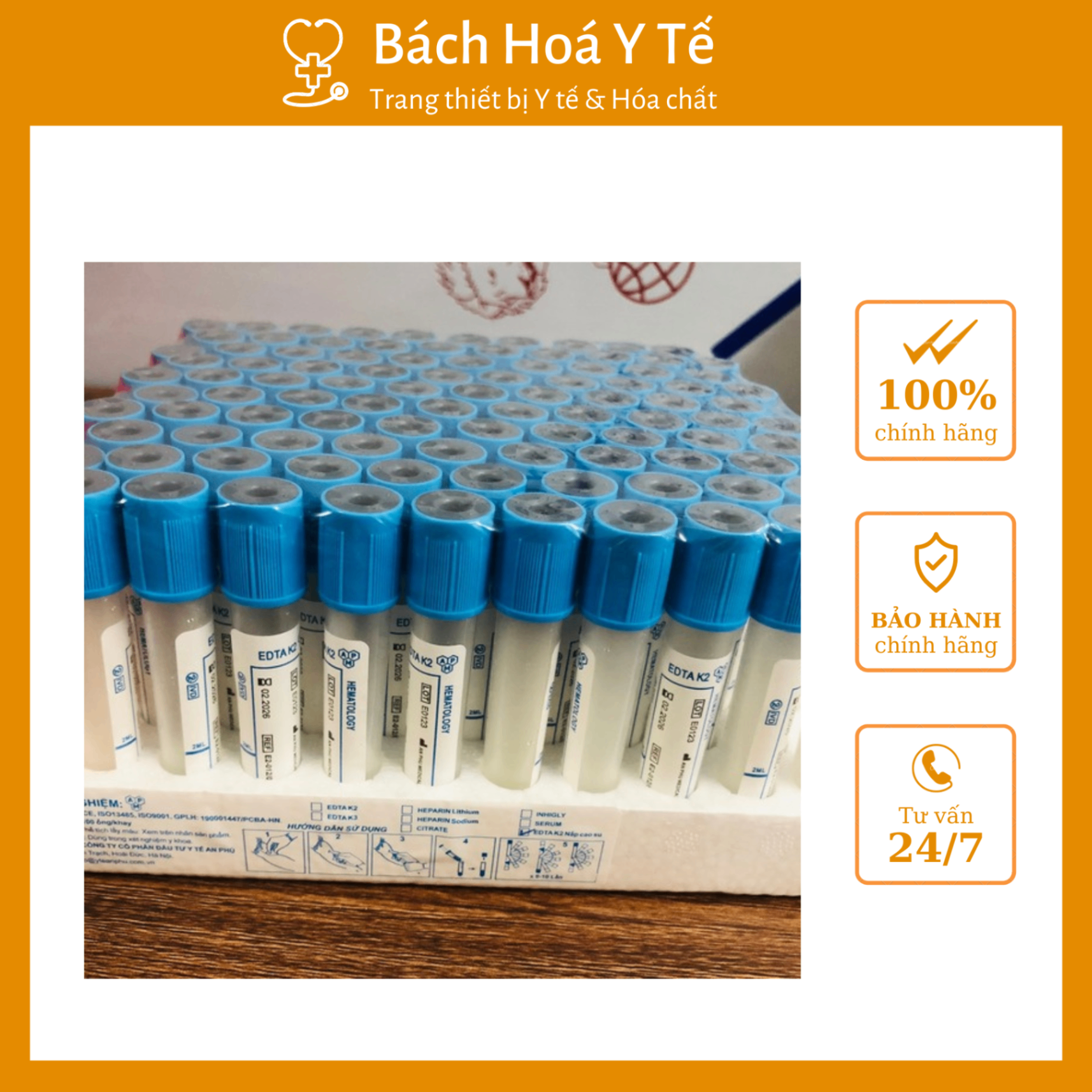Ống nghiệm EDTA (K2) nắp cao su An Phú (1Hộp=100 ống, Thùng 2400 ống)