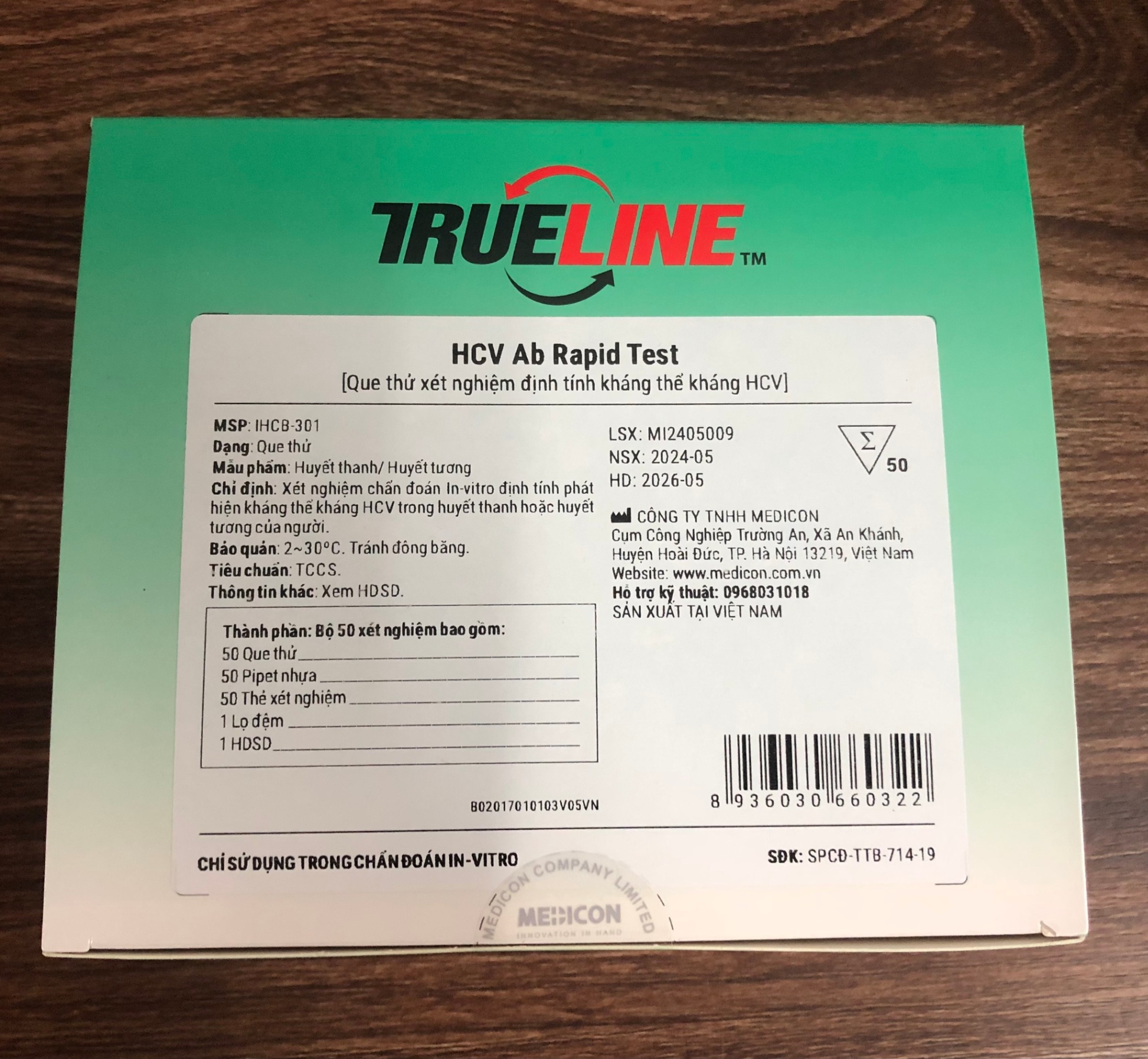 Test HCV Ab Rapid, Medicon, Việt Nam (dạng que) (Hộp = 50 Test)