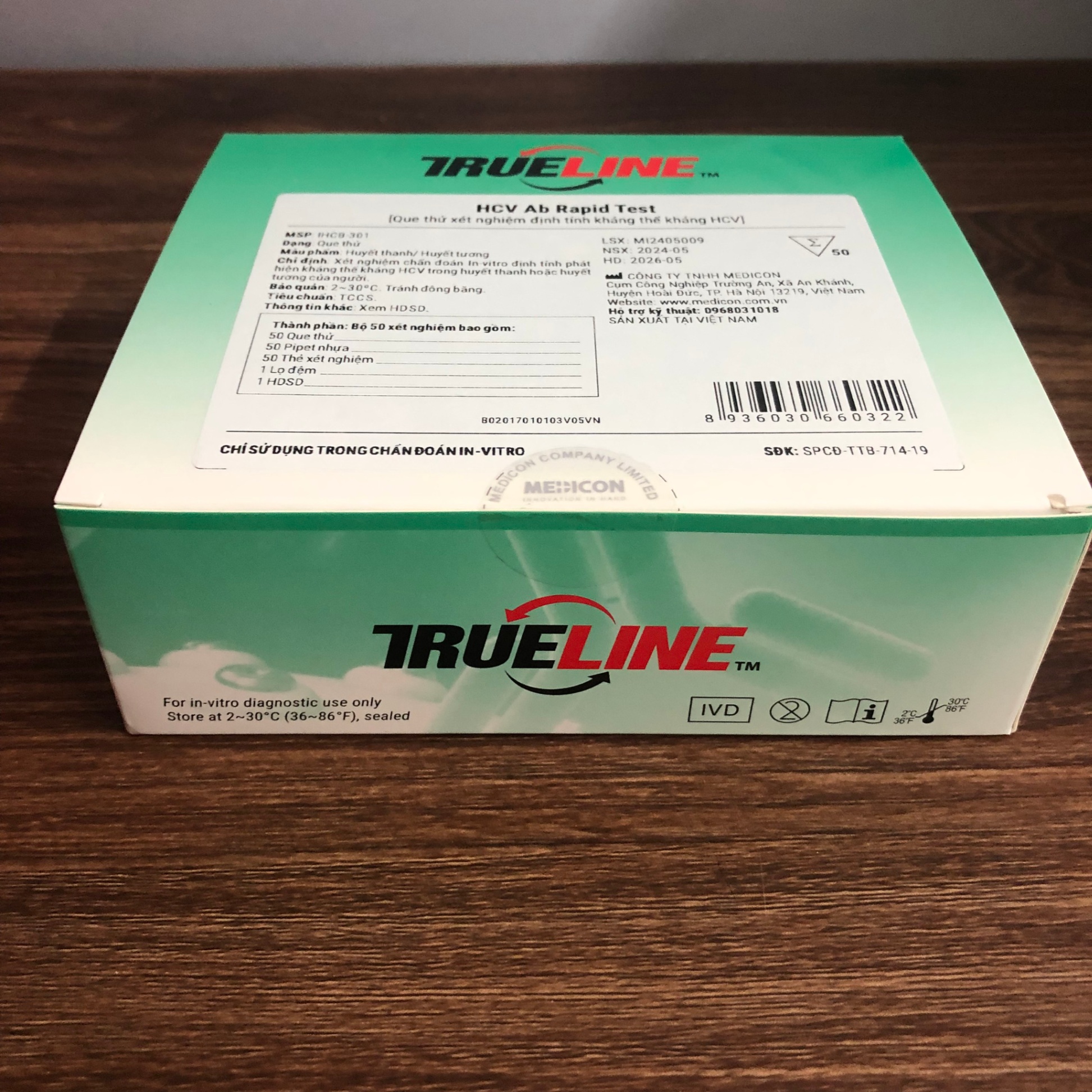 Test HCV Ab Rapid, Medicon, Việt Nam (dạng que) (Hộp = 50 Test)