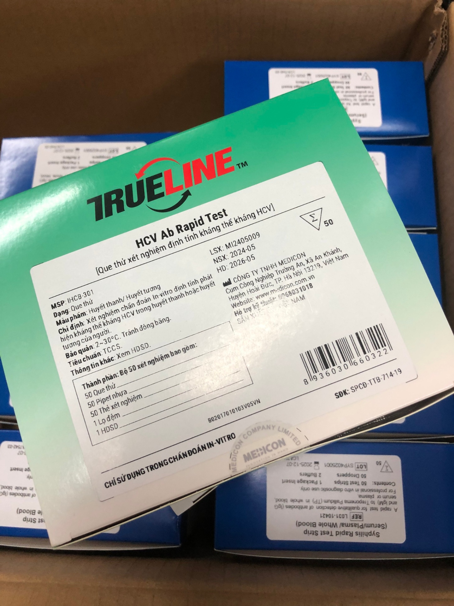 Test HCV Ab Rapid, Medicon, Việt Nam (dạng que) (Hộp = 50 Test)