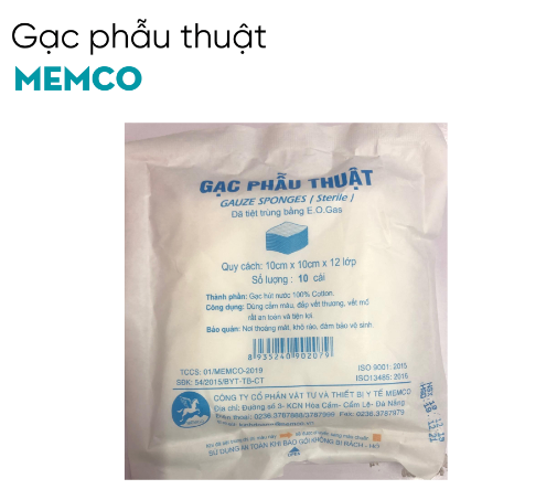 Gạc phẫu thuật 10cmx10cmx6 lớp đã tiệt trùng, Memco, Việt Nam (Gói=10 miếng, Thùng = 400 gói)