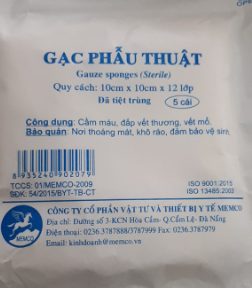 Gạc phẫu thuật 10cmx10cmx6 lớp đã tiệt trùng, Memco, Việt Nam (Gói=10 miếng, Thùng = 400 gói)