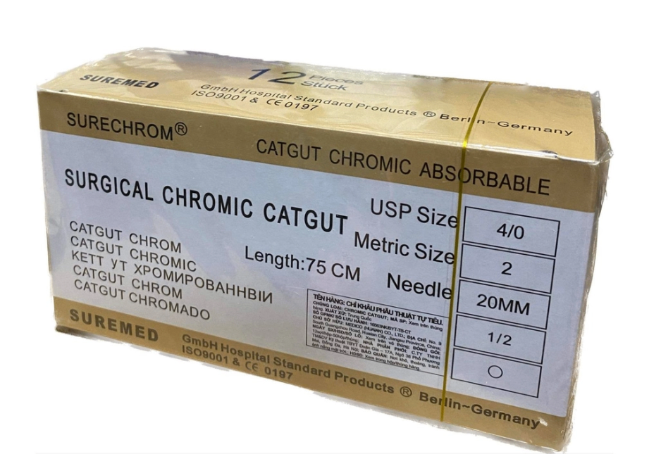 Chỉ khâu phẫu thuật tự tiêu liền kim vô trùng Catgut Chromic (Hộp=12 sợi)