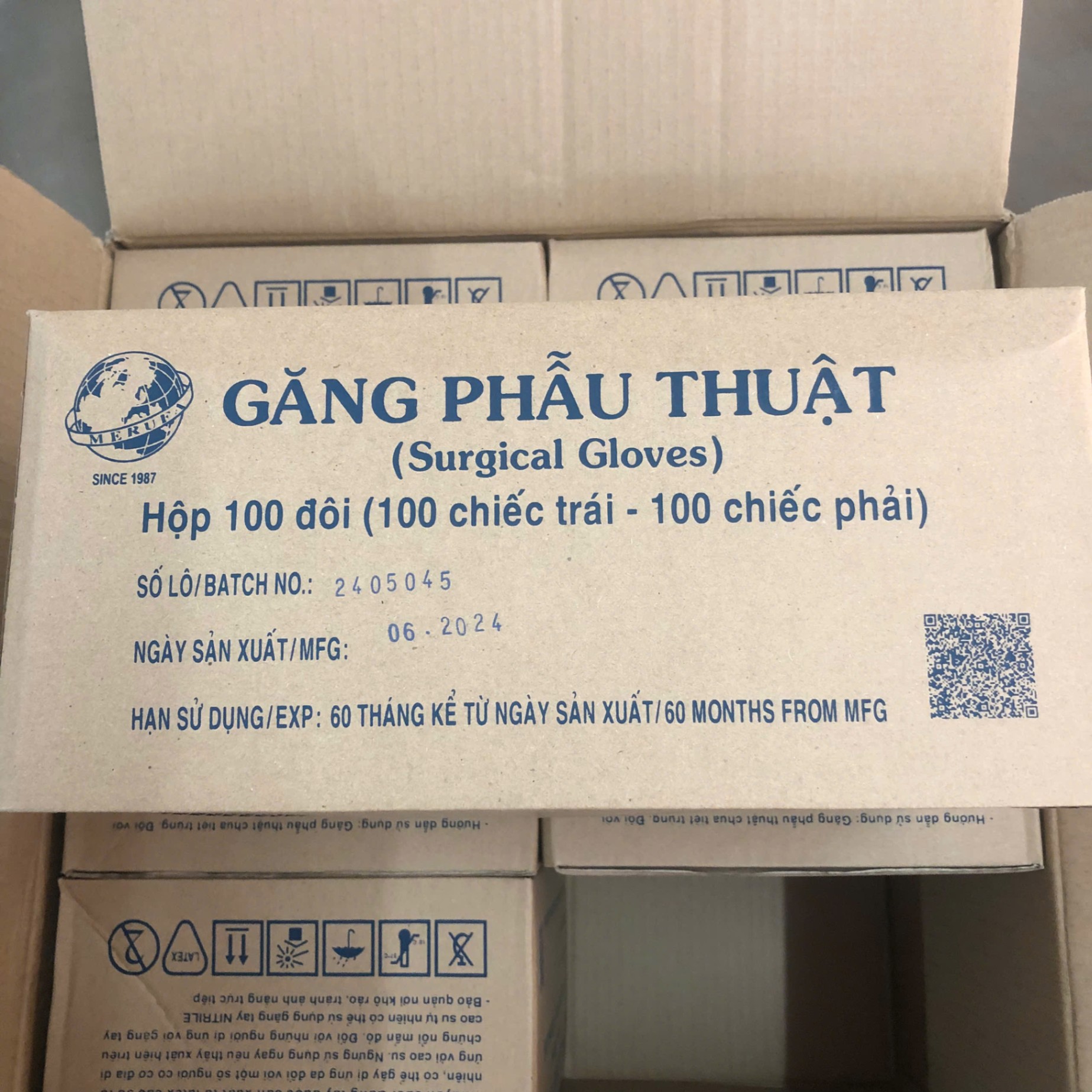 Găng tay latex phẫu thuật chưa tiệt trùng, có bột, Merufa VN (Hôp=100 đôi)