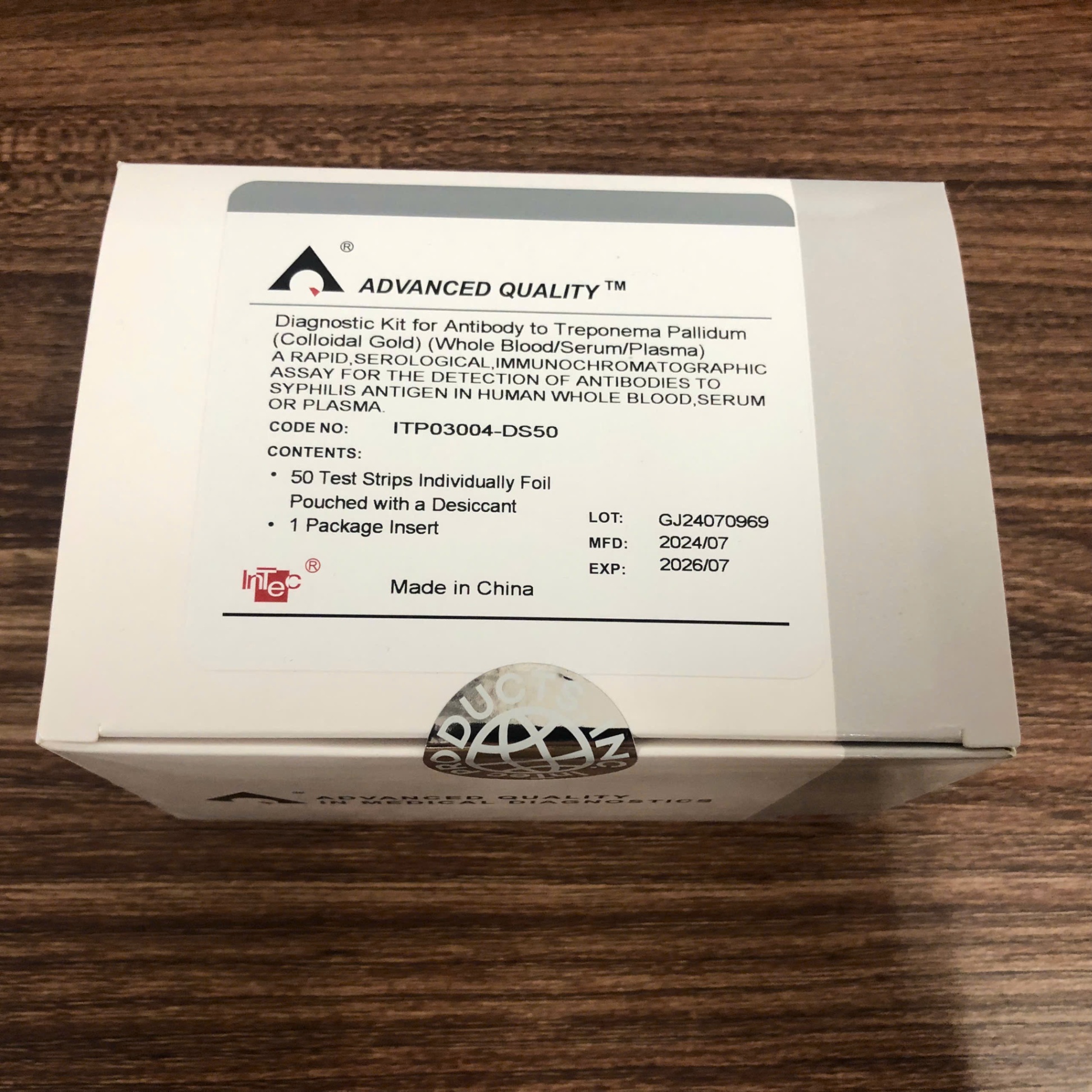 Test nhanh kháng thể đối với kháng nguyên Giang Mai Syphilis InTec TQ (Hộp=50 test)