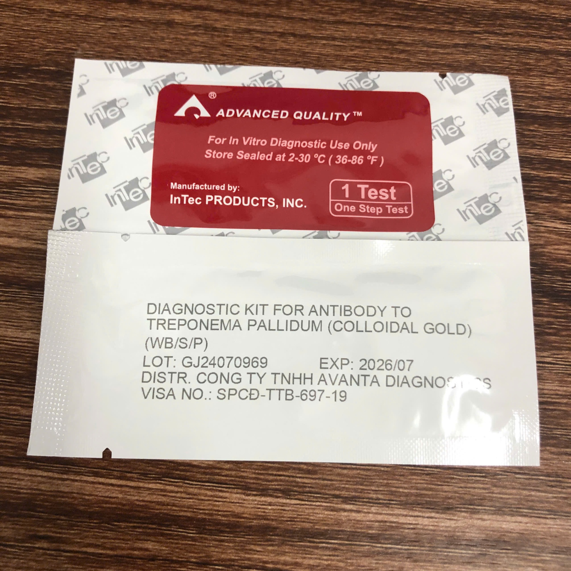 Test nhanh kháng thể đối với kháng nguyên Giang Mai Syphilis InTec TQ (Hộp=50 test)