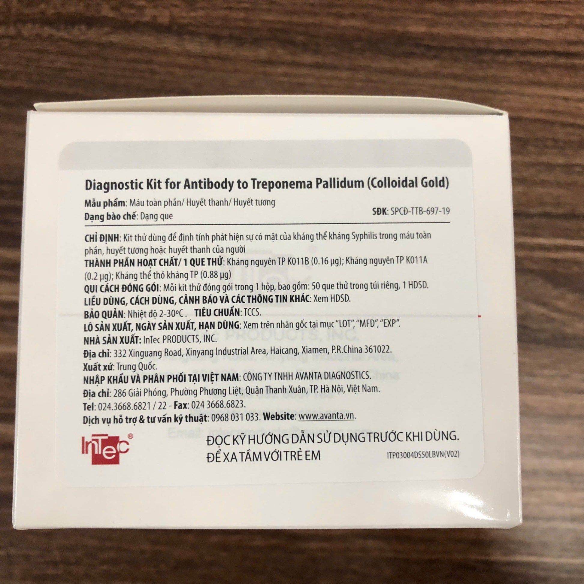 Test nhanh kháng thể đối với kháng nguyên Giang Mai Syphilis InTec TQ (Hộp=50 test)