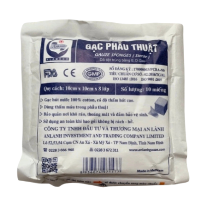 Gạc phẫu thuật 10x10x8 lớp, An Lành (Túi=10 miếng, Thùng=5000 miếng)