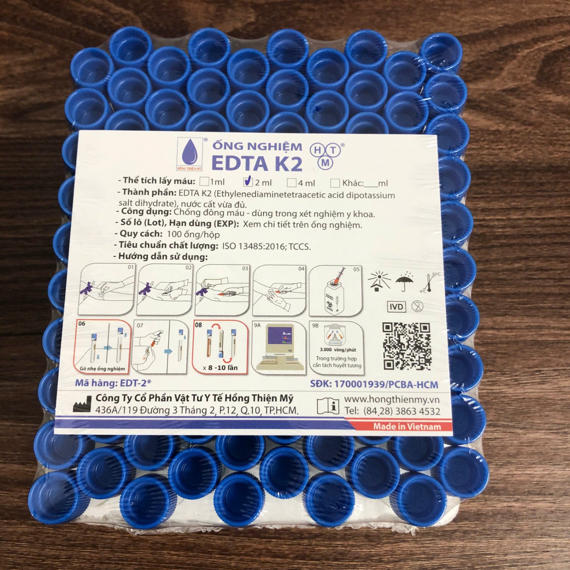 Ống huyết học EDTA K2 HTM 2.0ml, nắp xanh dương (Khay=100 ống, Thùng=2400 ống)