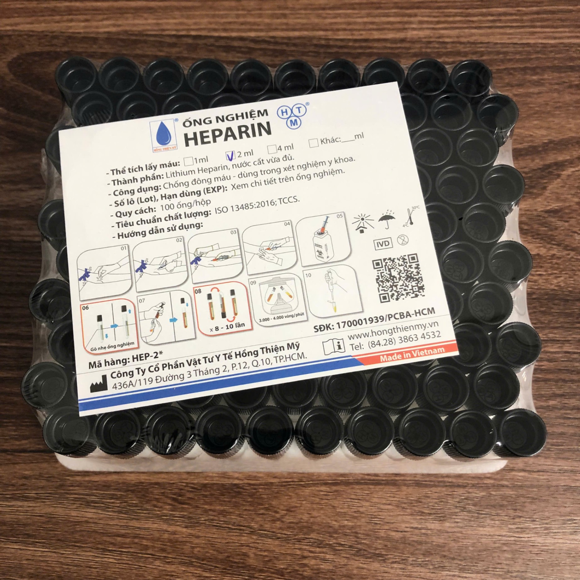 Ống sinh hoá, Lithium Heparin HTM 2ml nắp đen (Khay=100 ống, Thùng=2400ống)
