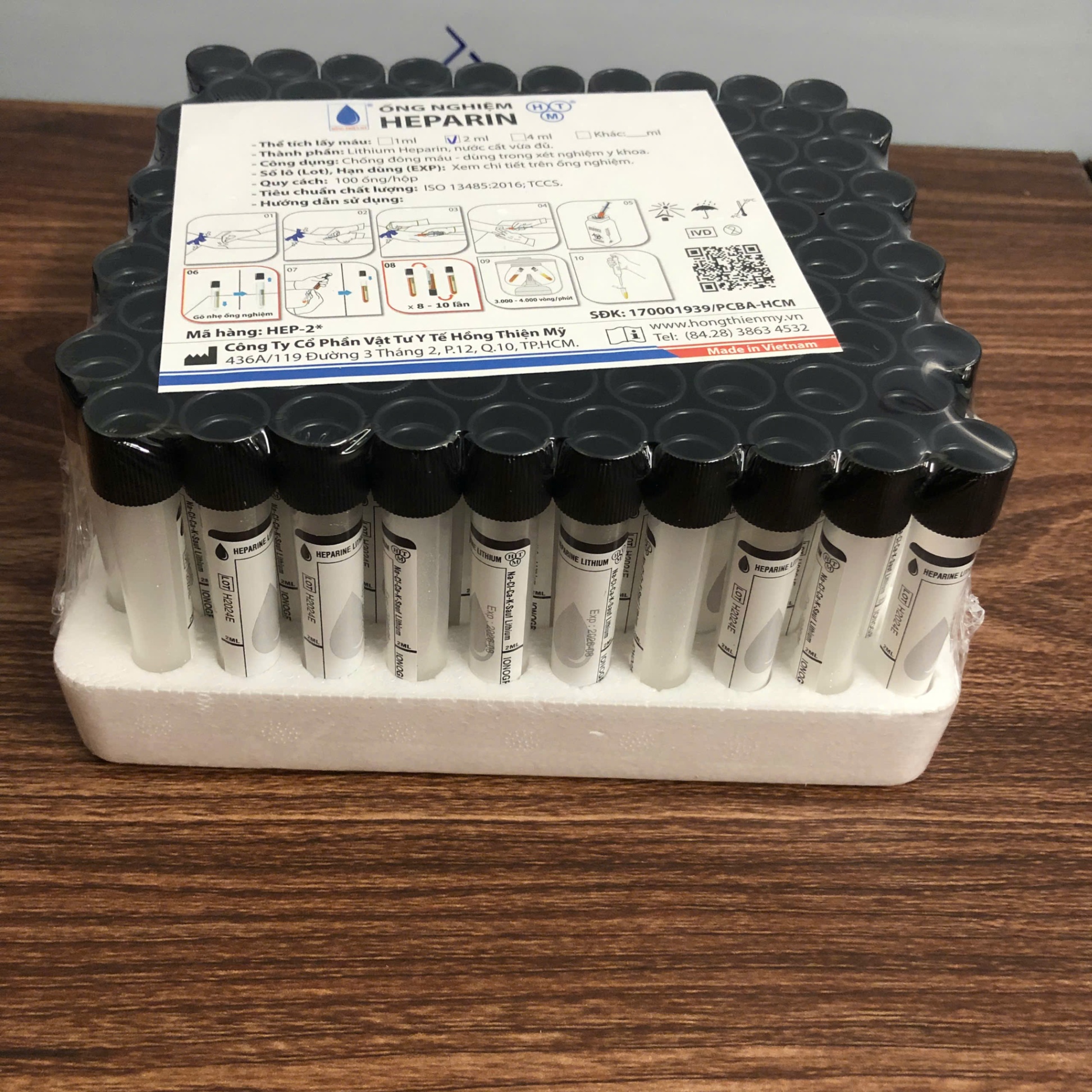 Ống sinh hoá, Lithium Heparin HTM 2ml nắp đen (Khay=100 ống, Thùng=2400ống)