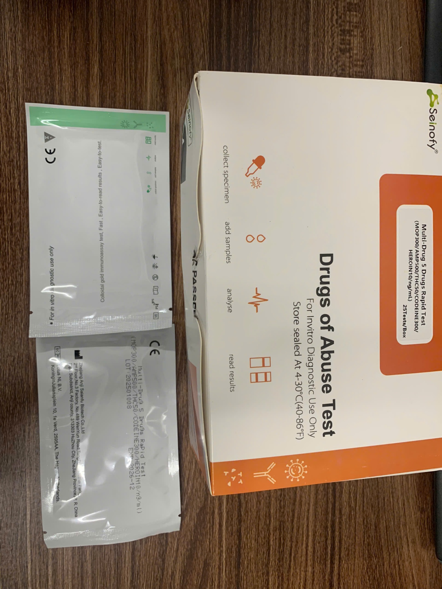 Test ma túy 5 chân, Khay thử xét nghiệm định tính phát hiện chất gây nghiện (MOP/AMP/THC/ Codeine/Heroin), Zhejiang Anji Saianfu Biotech, Trung Quốc (Hộp=25 test)