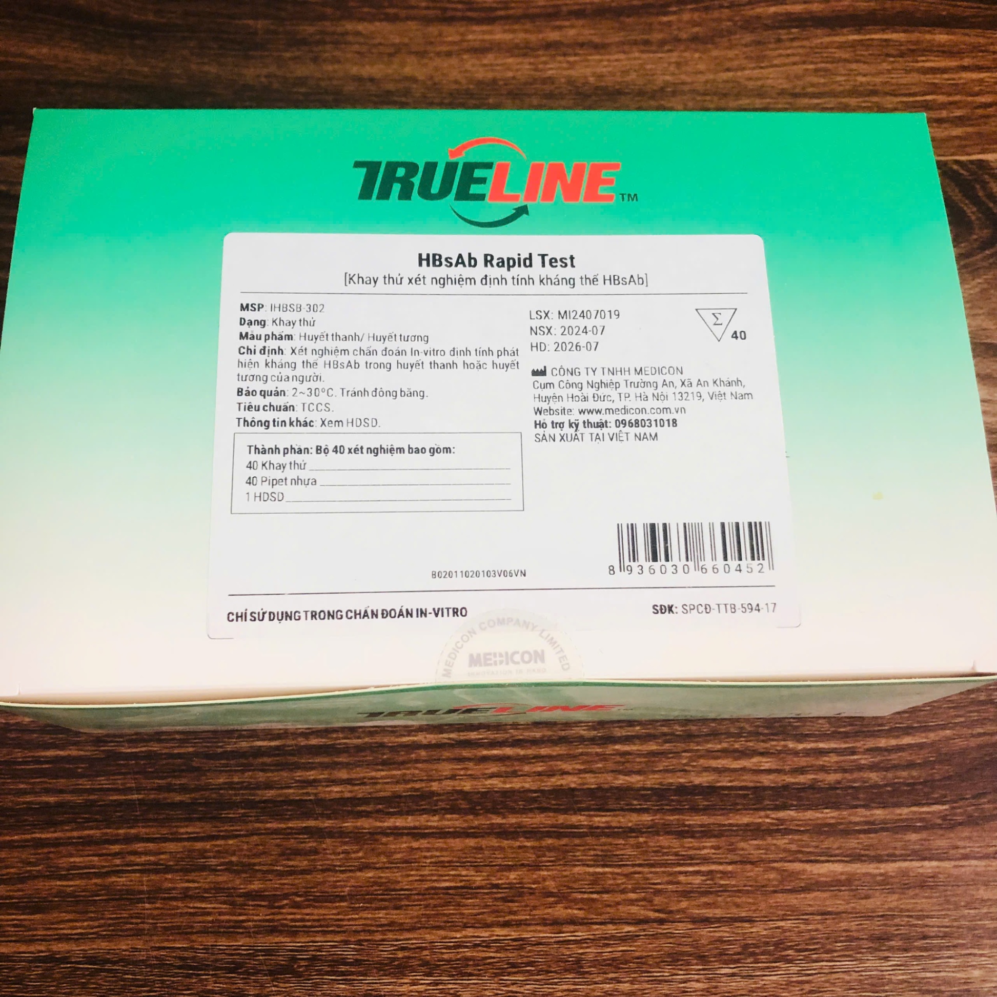 Test nhanh kháng thể kháng HBsAg, Trueline™ HBsAb Rapid Test, Medicon, Việt Nam (Hộp=40 Test)