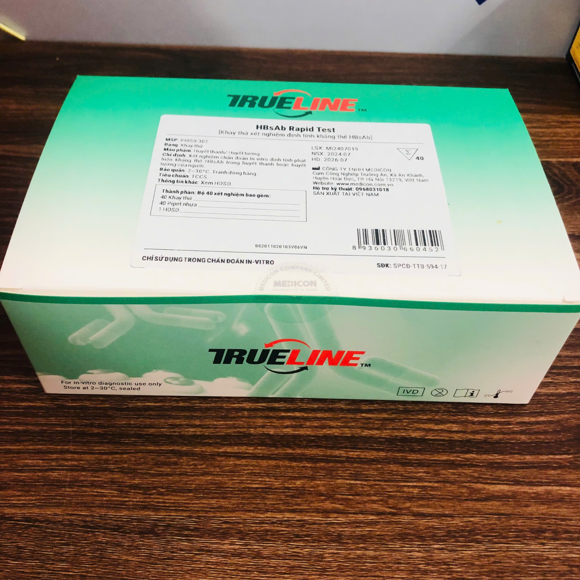 Test nhanh kháng thể kháng HBsAg, Trueline™ HBsAb Rapid Test, Medicon, Việt Nam (Hộp=40 Test)