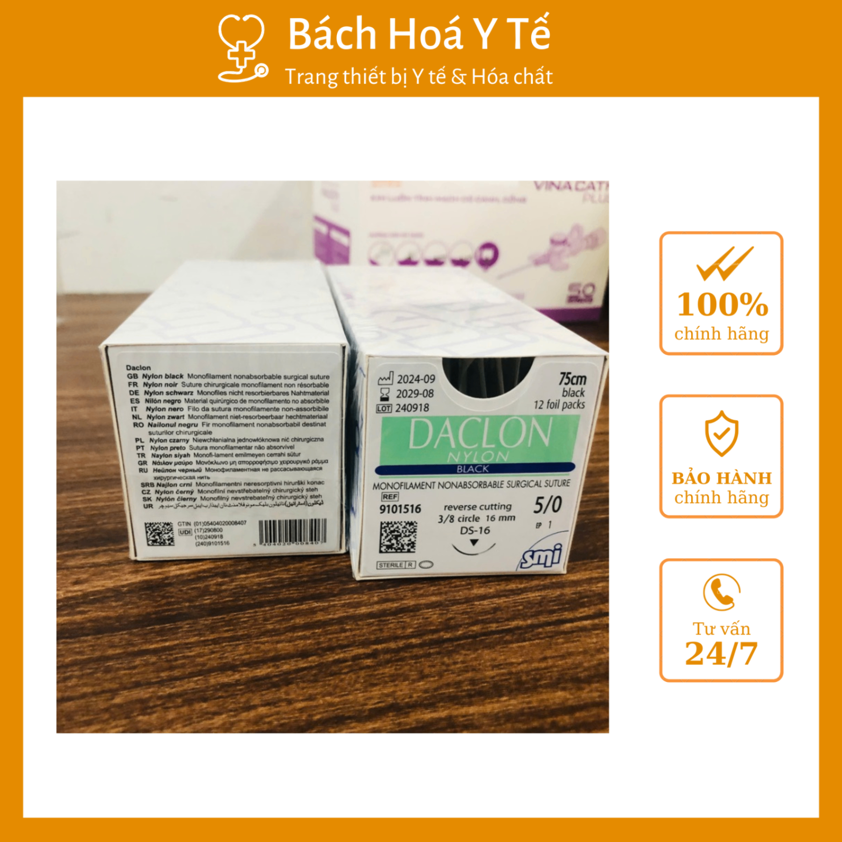 Chỉ Daclon Nylon số 5/0, SMI AG Bỉ (Hộp=12 sợi)