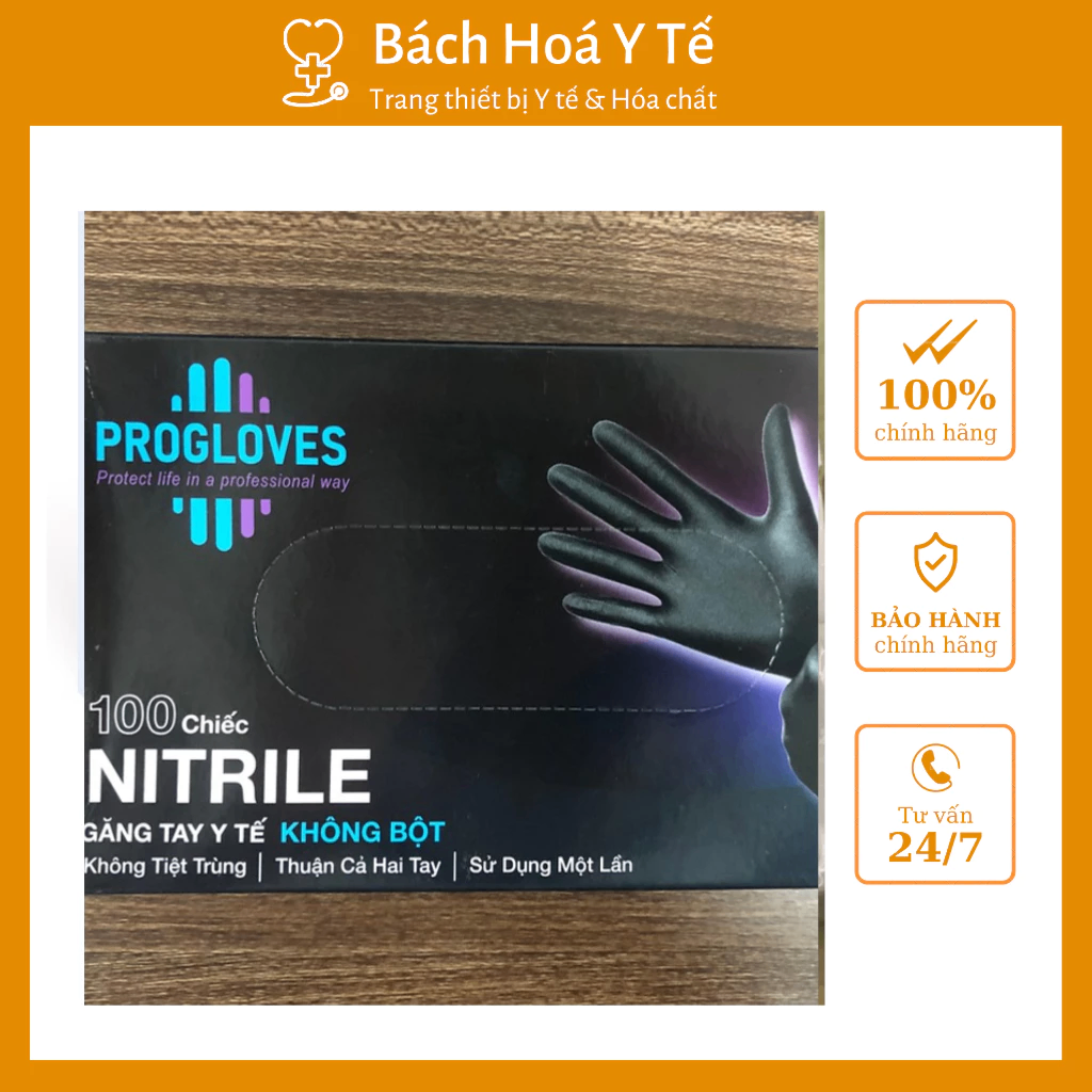 Găng tay Nitrile Progloves, màu đen, không bột, (Hộp = 100 chiếc, Thùng =10 Hộp)