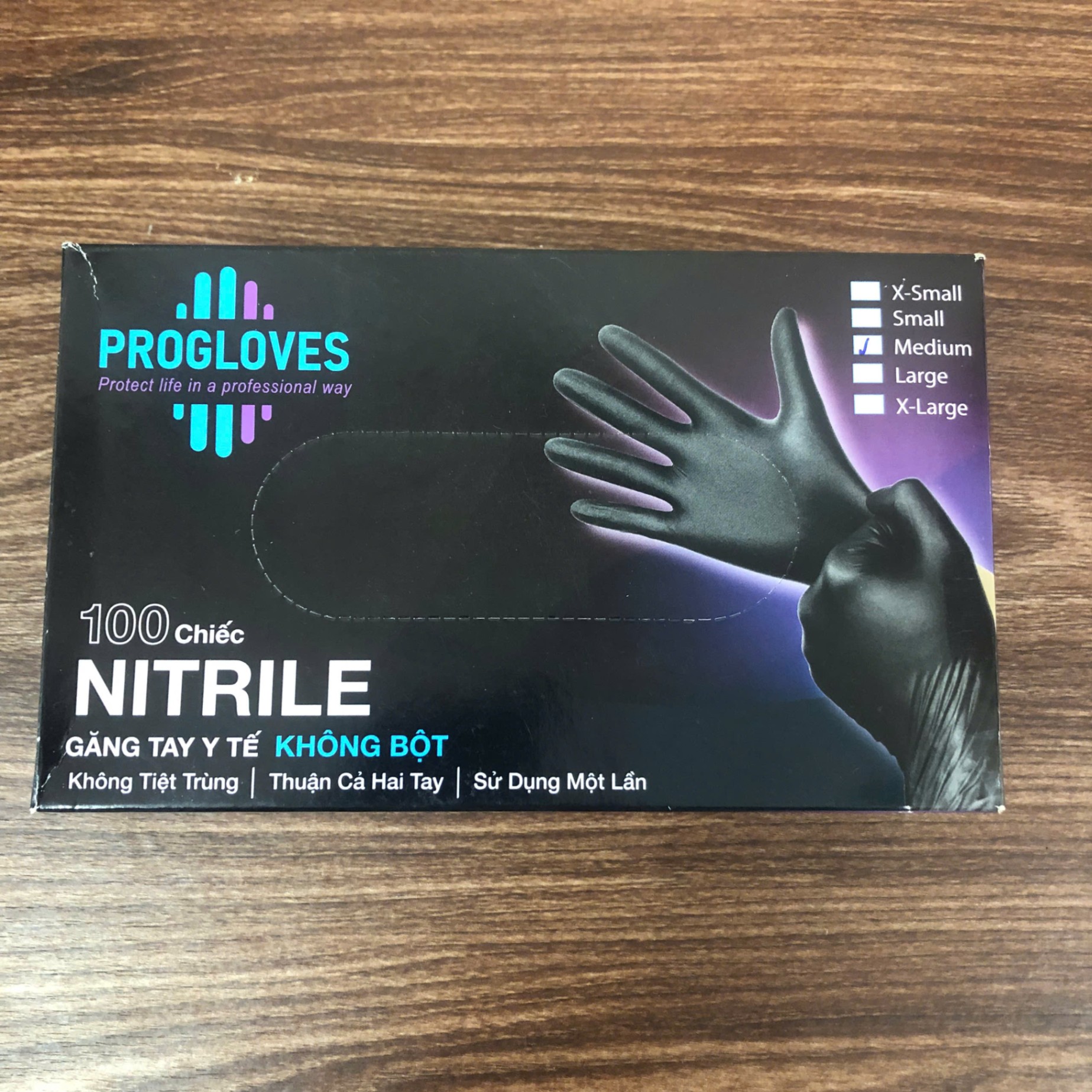 Găng tay Nitrile Progloves, màu đen, không bột, (Hộp = 100 chiếc, Thùng =10 Hộp)