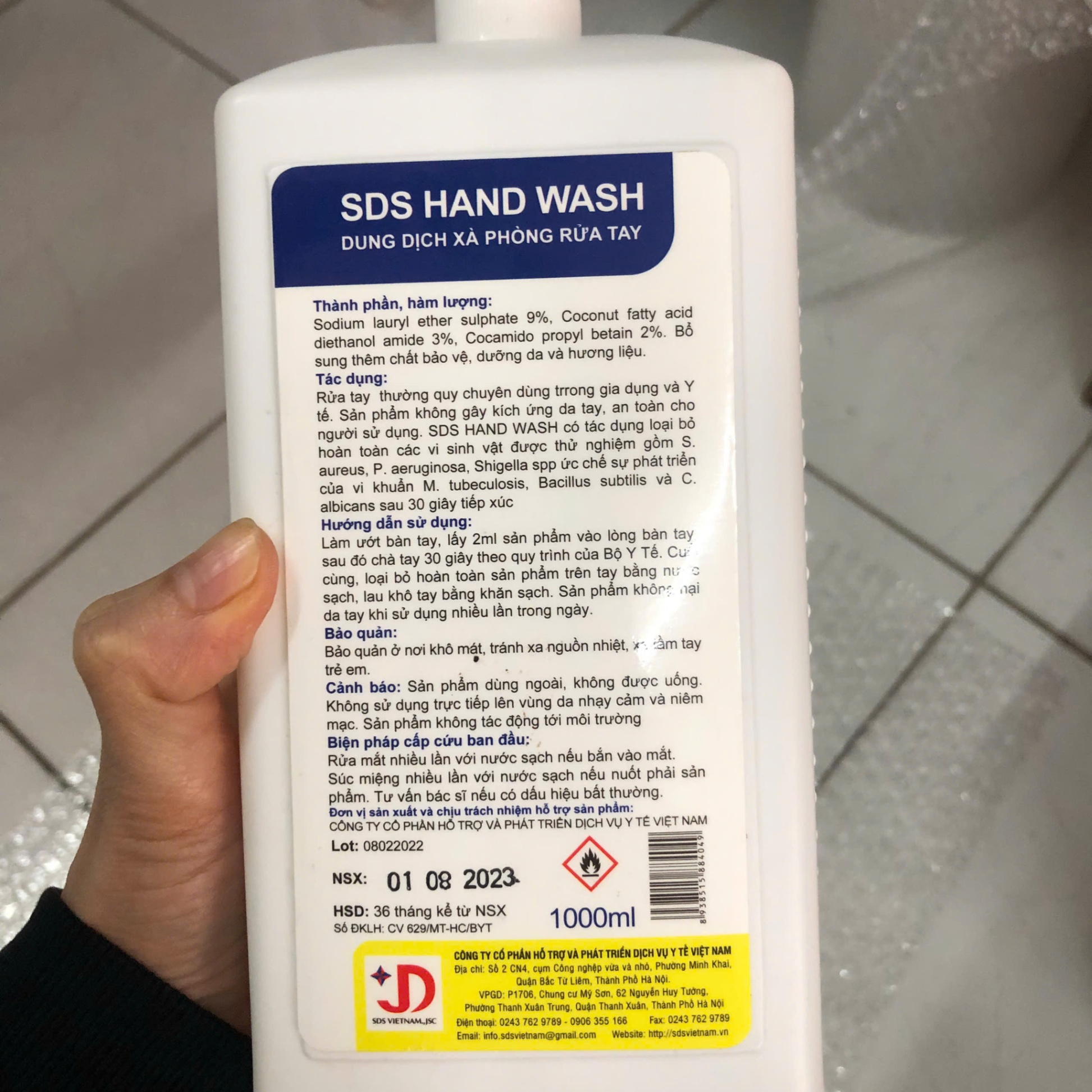 Dung dịch xà phòng rửa tay trung tính SDS Hand Wash, chai 1L, SDS, Việt Nam (Chai=1L, Thùng=10 chai)
