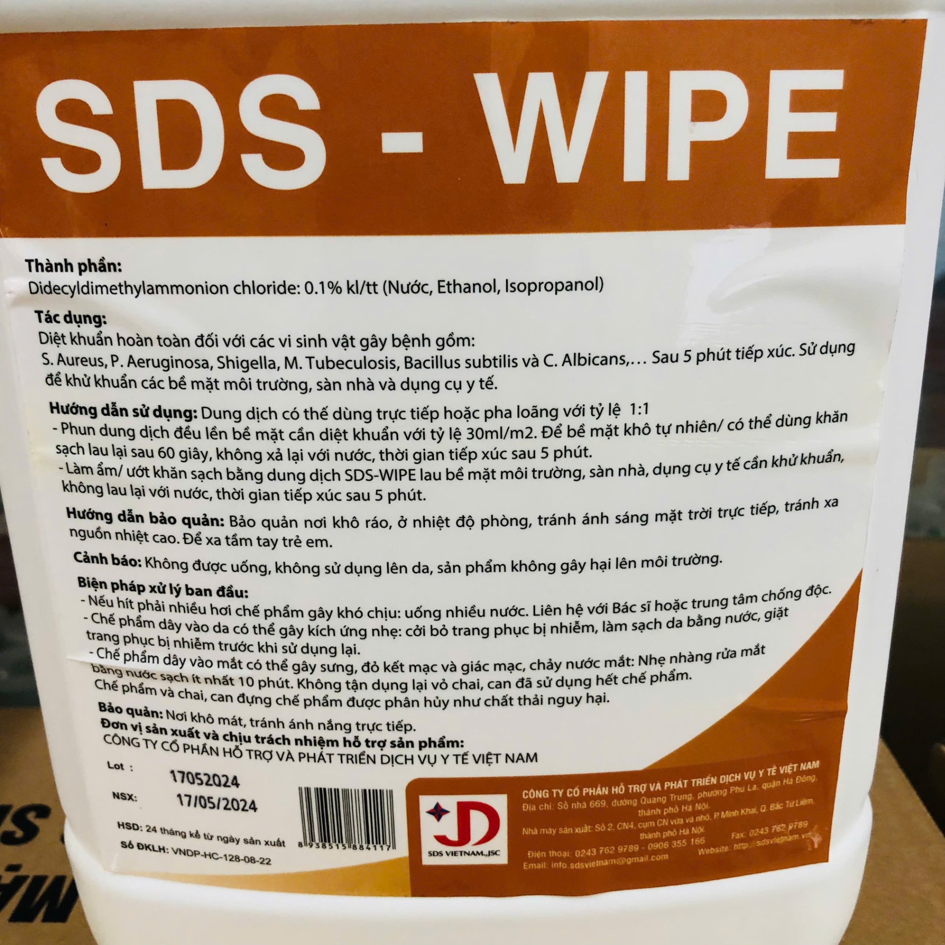 Dung dịch sát khuẩn dụng cụ, SDS; Việt Nam  (Can = 5 lít ; thùng = 4 can)
