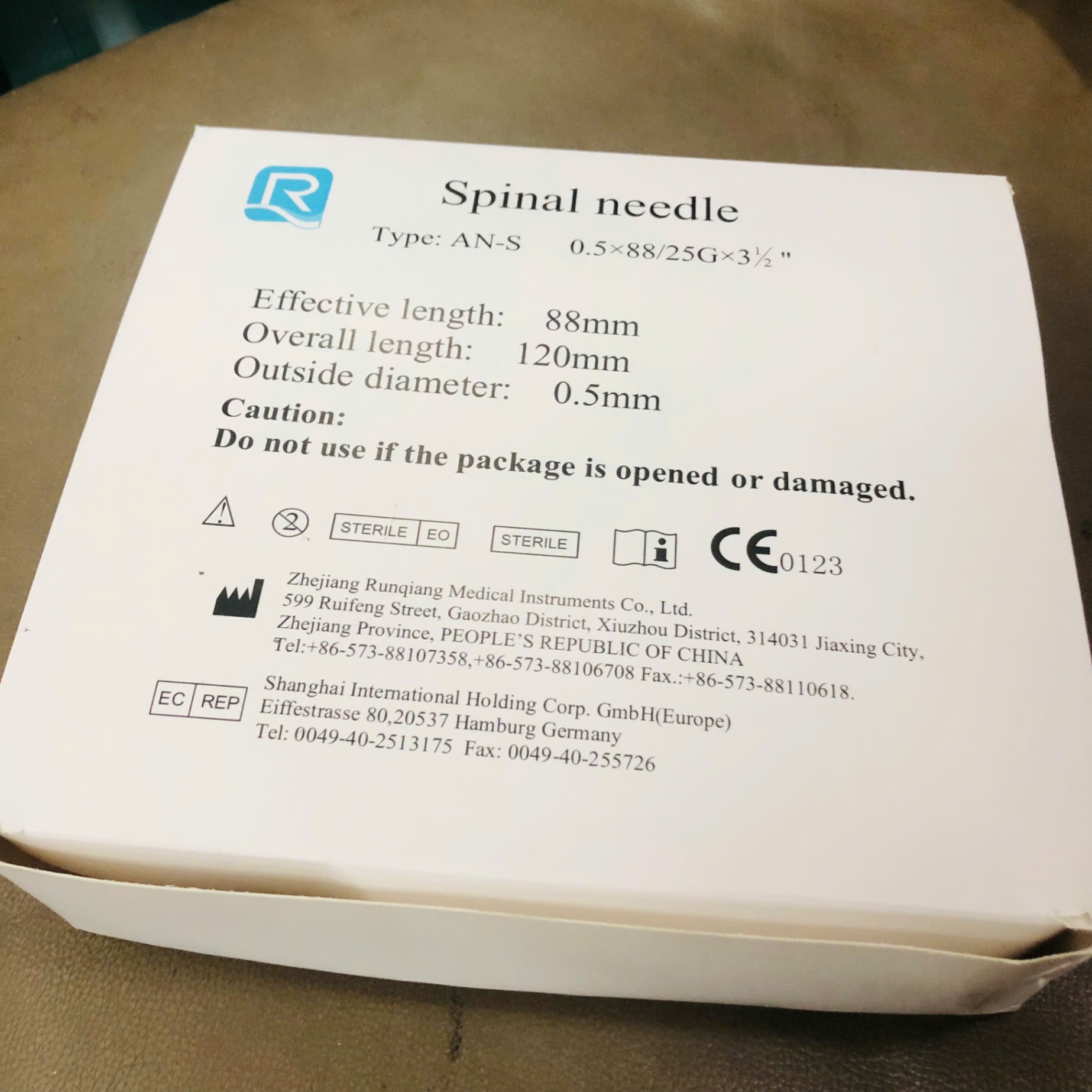 Kim chọc dò tuỷ sống dùng 1 lần, Zhejiang Runqiang Medical Instruments, Trung Quốc (Thùng=1000 cái)