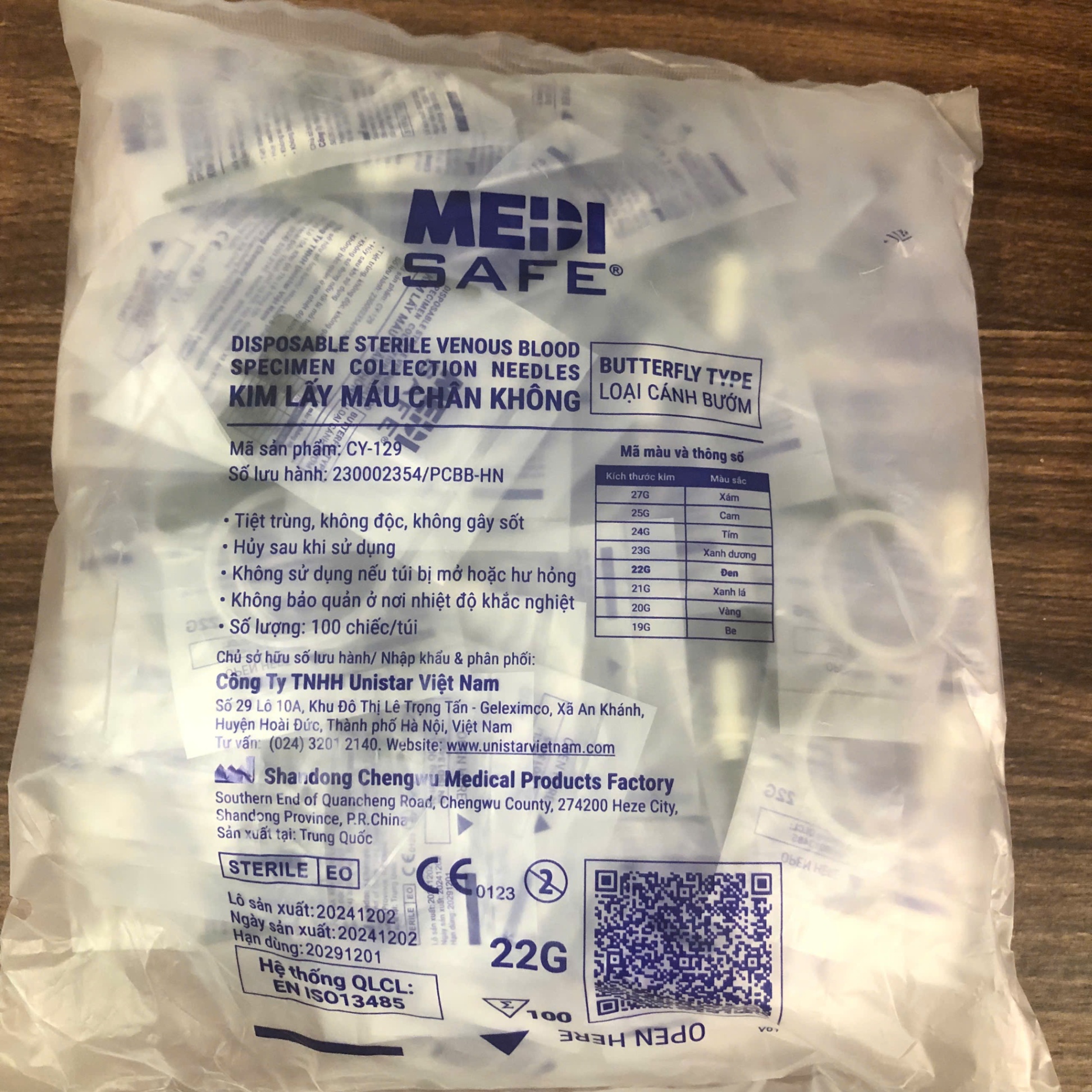 Kim lấy máu chân không, cánh bướm 22G, Shangdong Chengwu, Trung Quốc (Hộp=100 cái)