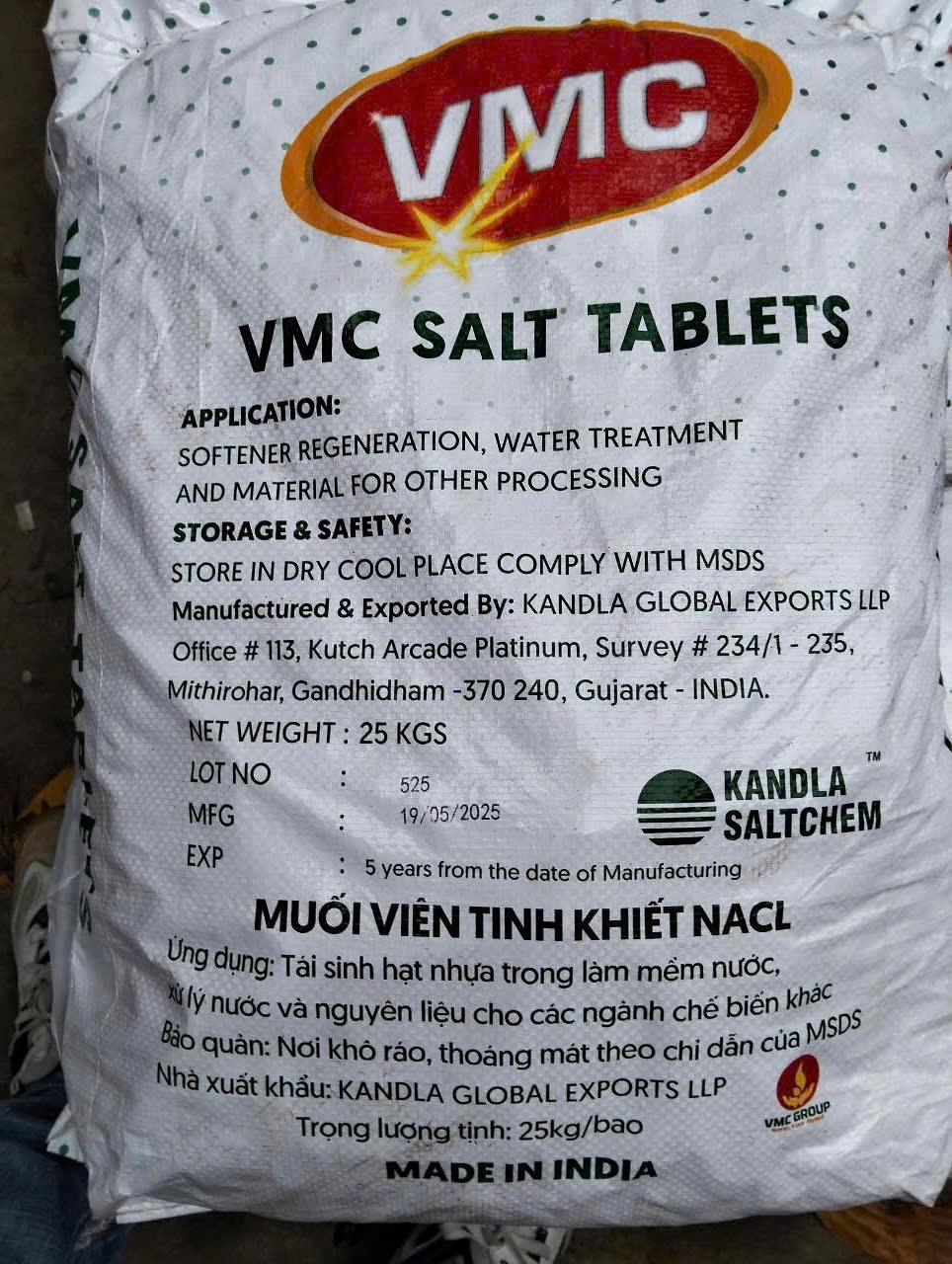 Muối viên VMC Kandla, Ấn Độ (Bao=25kg)