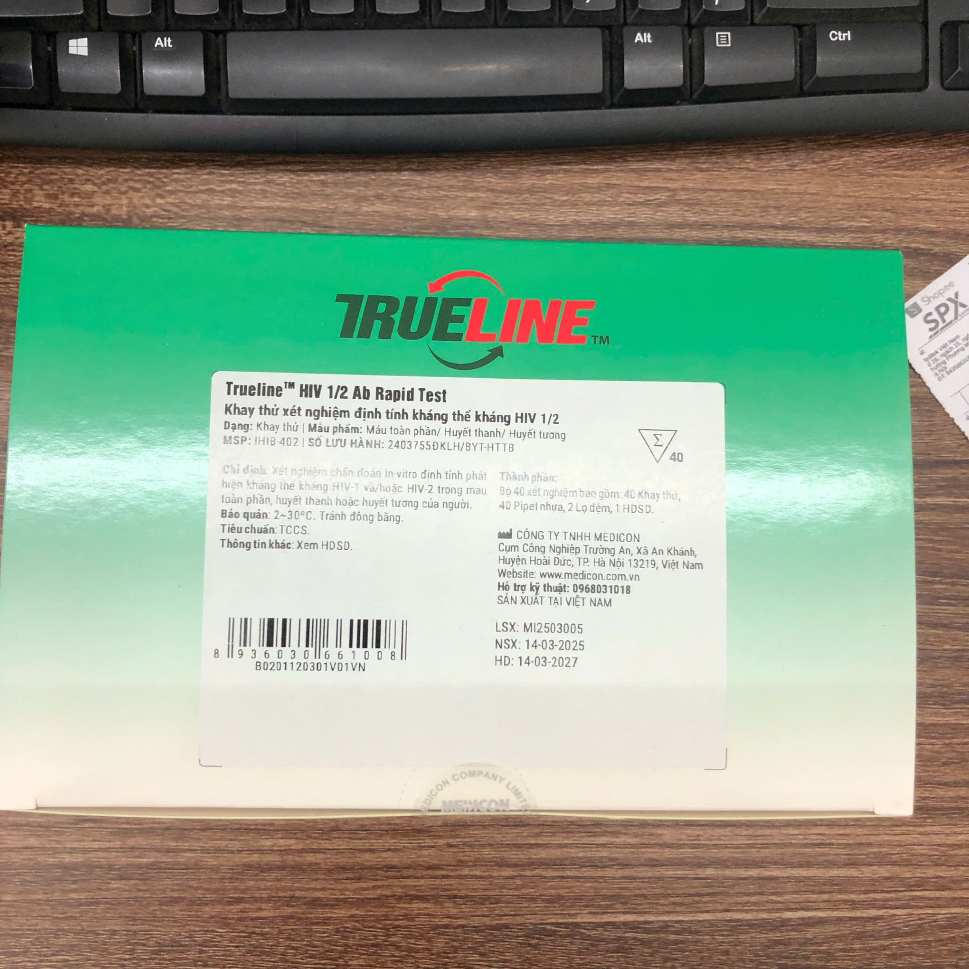 Trueline HIV 1/2 Ab Rapid Test, Medicon, Việt Nam (dạng khay) (Hộp = 40 Test)