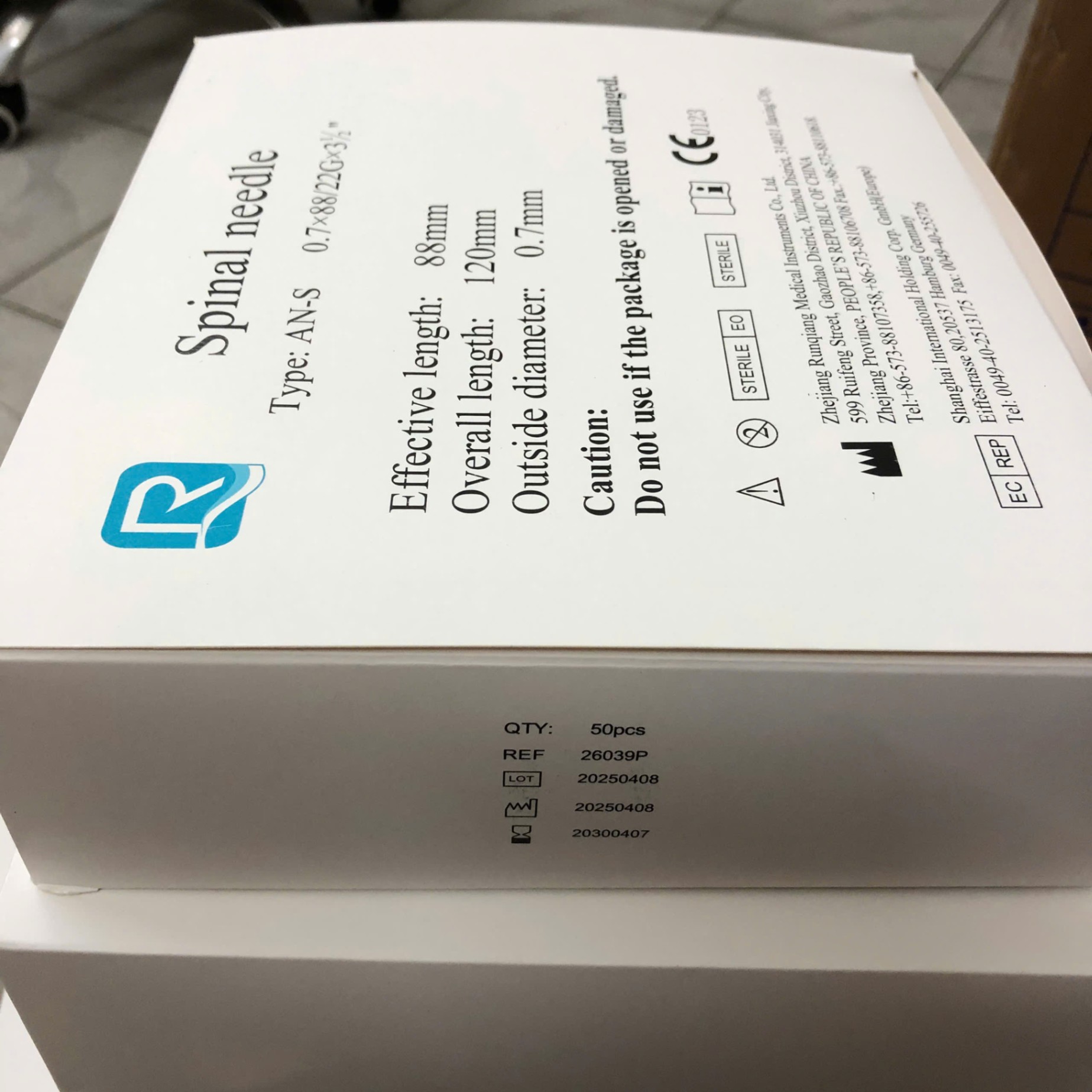 Kim chọc dò tuỷ sống dùng 1 lần, Zhejiang Runqiang Medical Instruments, Trung Quốc (Thùng=1000 cái)
